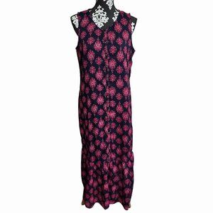 Lucky Brand M Womens Sleeveless Maxi Dress Navy & Pink Boho Print Button Down